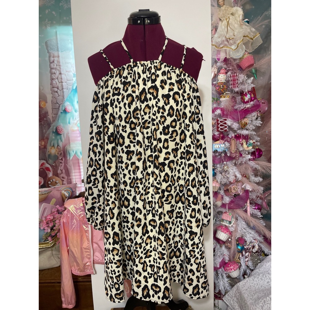 Entro Cold Shoulder Leopard Print Dress Women Large Tan Black Good Strappy Back